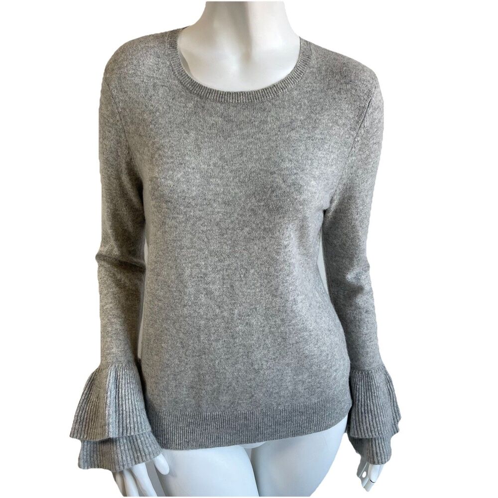 Antonio Melani M 100% Cashmere Sweater Gray Ruffled Sleeves Cozy Luxury Preppy